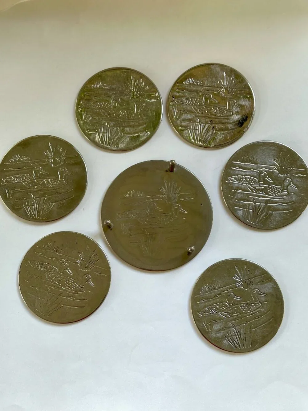 Mid-Century Modern Silver-Plated Coaster Set of 6 with Holder – Ducks